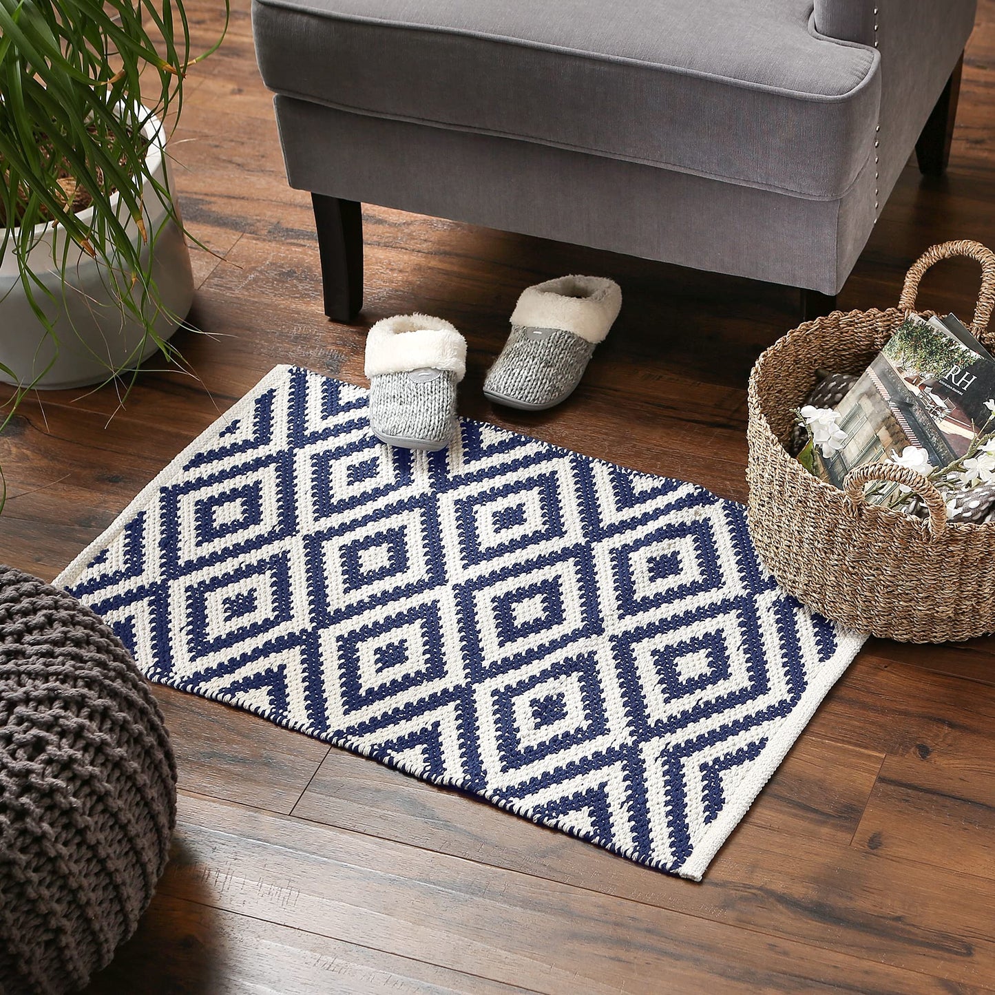 DII Indoor Braided Cotton Area Rug, Handloomed Yarn Dyed Woven, Reversible, 20x31.5, Navy Diamond