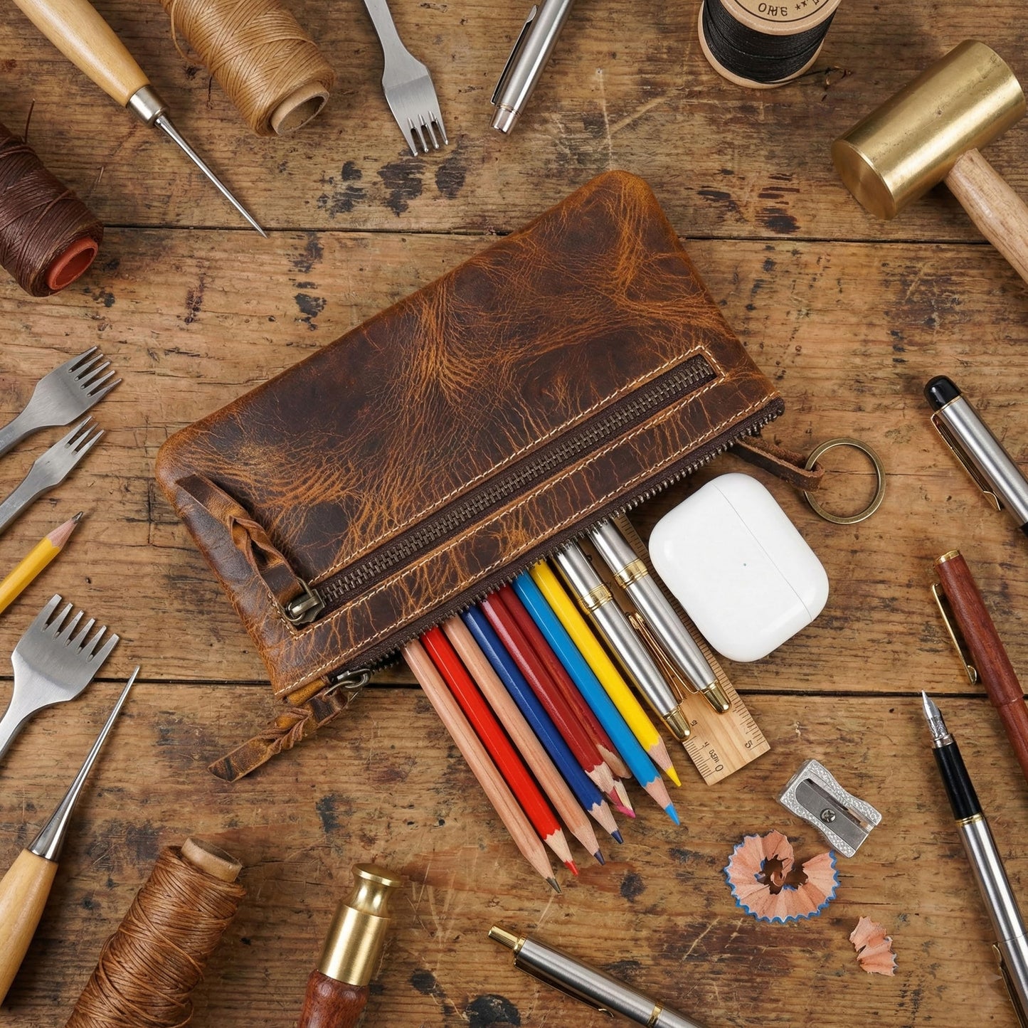 LEATHER TOWN Leather Pencil Case Pouch 8" x 4" - Leather Pen Case with Zipper (Antique Brown)