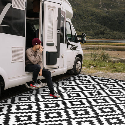 SAND MINE Waterproof Outdoor Rug 6x9 ft, Reversible Mats, Modern Area Rug, Large Floor Mat and Rug for Outdoors, RV, Patio, Backyard, Deck, Picnic, Beach, Trailer, Camping, Black & White Lattice
