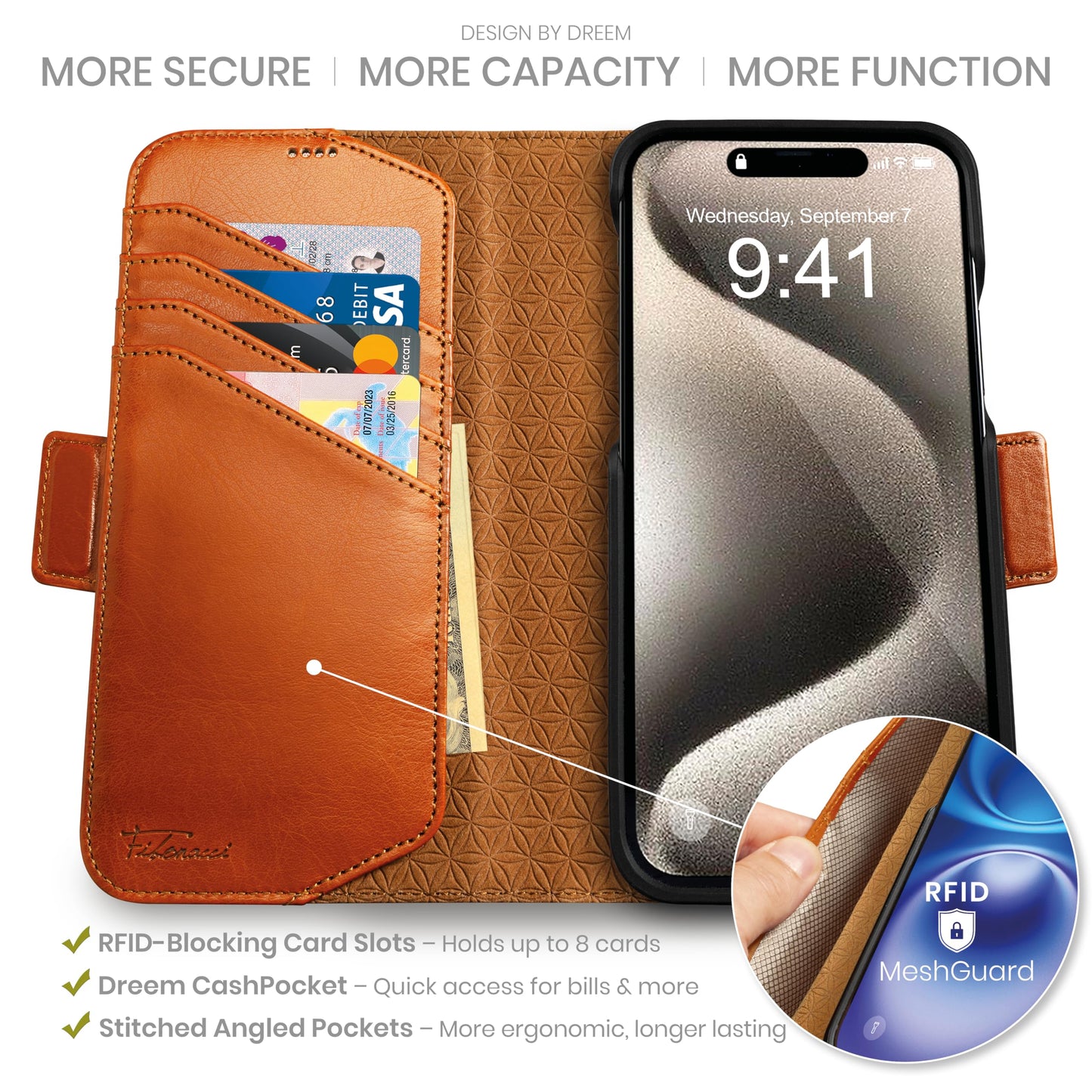 Dreem Wallet Case for iPhone 15 Pro, Revolutionary Vert/Hor Phone Stand, Magnetic Detachable Vegan Leather Flip Cover RFID Blocking Card Holder, MagSafe-Fit, Gift Box [Fibonacci: Caramel]