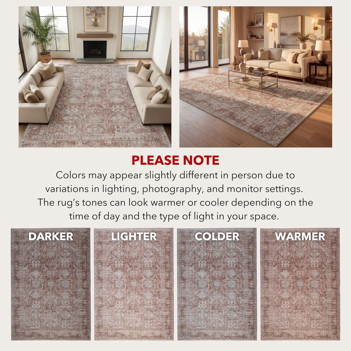 Kuden 4x6 Area Rug, Machine Washable Area Rug with Non-Slip Backing, Vintage Style, Soft, Easy Clean, Low Pile Rug for Living Room, Bedroom, Dining Room
