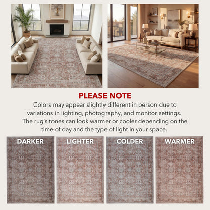 Kuden 4x6 Area Rug, Machine Washable Area Rug with Non-Slip Backing, Vintage Style, Soft, Easy Clean, Low Pile Rug for Living Room, Bedroom, Dining Room
