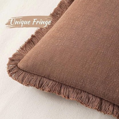 MIULEE Decorative Throw Pillow Covers Neutral Linen Fringe Throw Pillows Set of 2 Brick Boho Farmhouse Cushion Covers with Tassels for Couch Sofa Bed Living Room Spring Home Decor 16x16 Inch
