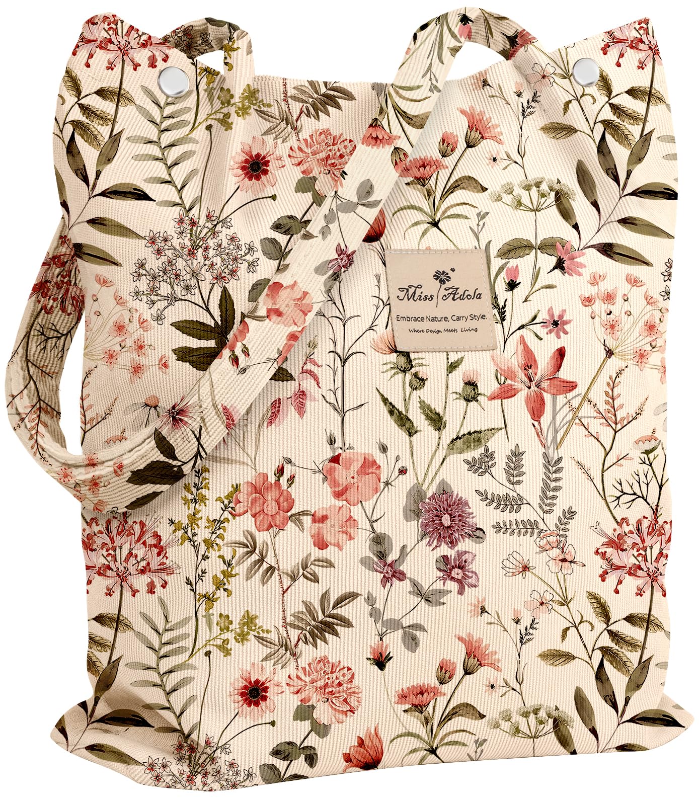 Miss Adola Corduroy Tote Bag for Women - Reusable Totes with Inner Pocket & Buckle Cute Aesthetic Design Cloth Shopping Grocery Shoulder Bag for Work Travel, Flower