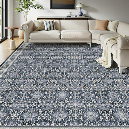 Jainmy Boho Floral Moroccan Trellis Large Area Rugs 9x12 for Living room, Dark Blue Classic Transitional Style Room Carpet Rug for Bedroom Dining Room, Washable Rug with Rubber Back Low Pile Thin Soft
