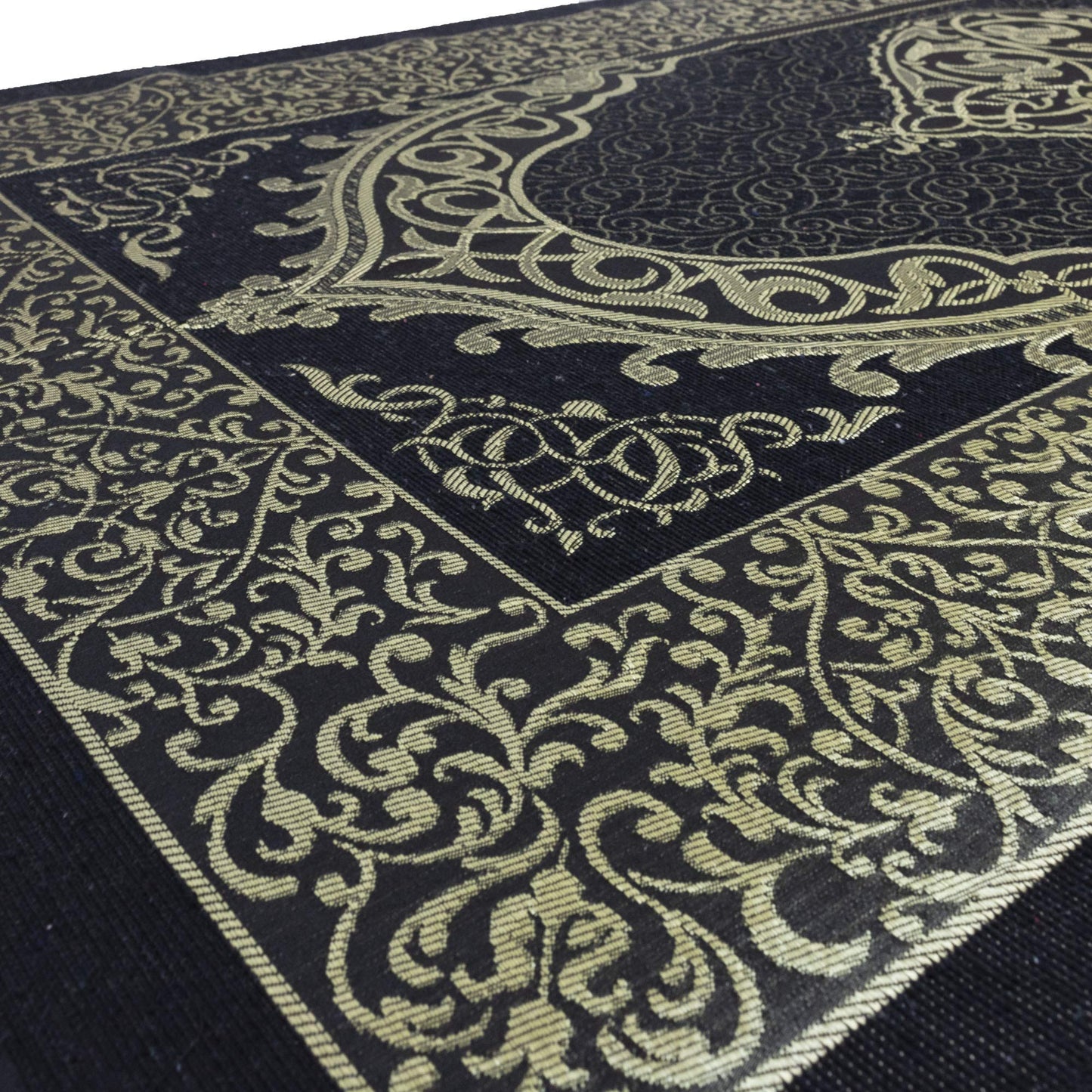 Modefa Islamic Prayer Rug Thin Woven Chenille and Taffeta Turkish Sajadah Intricate Design Metallic Ottoman Mat (Black + Blue)