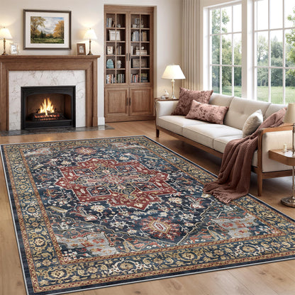 Rugland 8x10 Area Rugs - Stain Resistant Washable Rug, Anti Slip Rugs for Living Room, Vintage Tribal Area Rugs(Medallion 01-Rust/Blue, 8'x10')