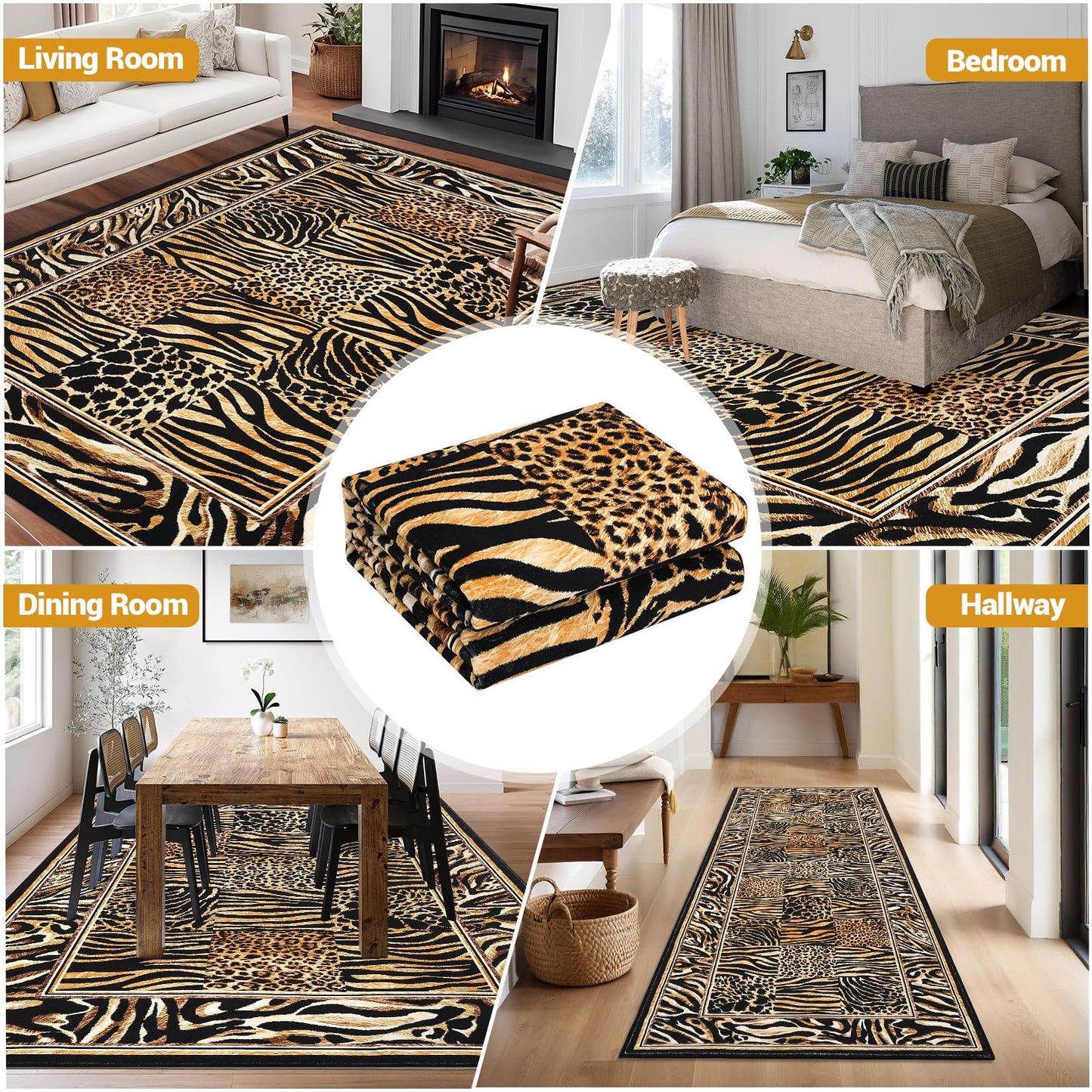 Leopard Rug 5x7 Washable, Soft Leopard Patchwork Print Living Room Large Rug Carpet Non-Slip Low Pile Carpet for Office Bedroom Dining Room, Brown