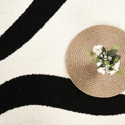 Abani Black and Cream Area Rug | 4' x 6' White Abstract Swirl Wave Carpet | Beige/Ivory Geometric Wave Design | for Living Room, Bedroom and Office | Medium Pile