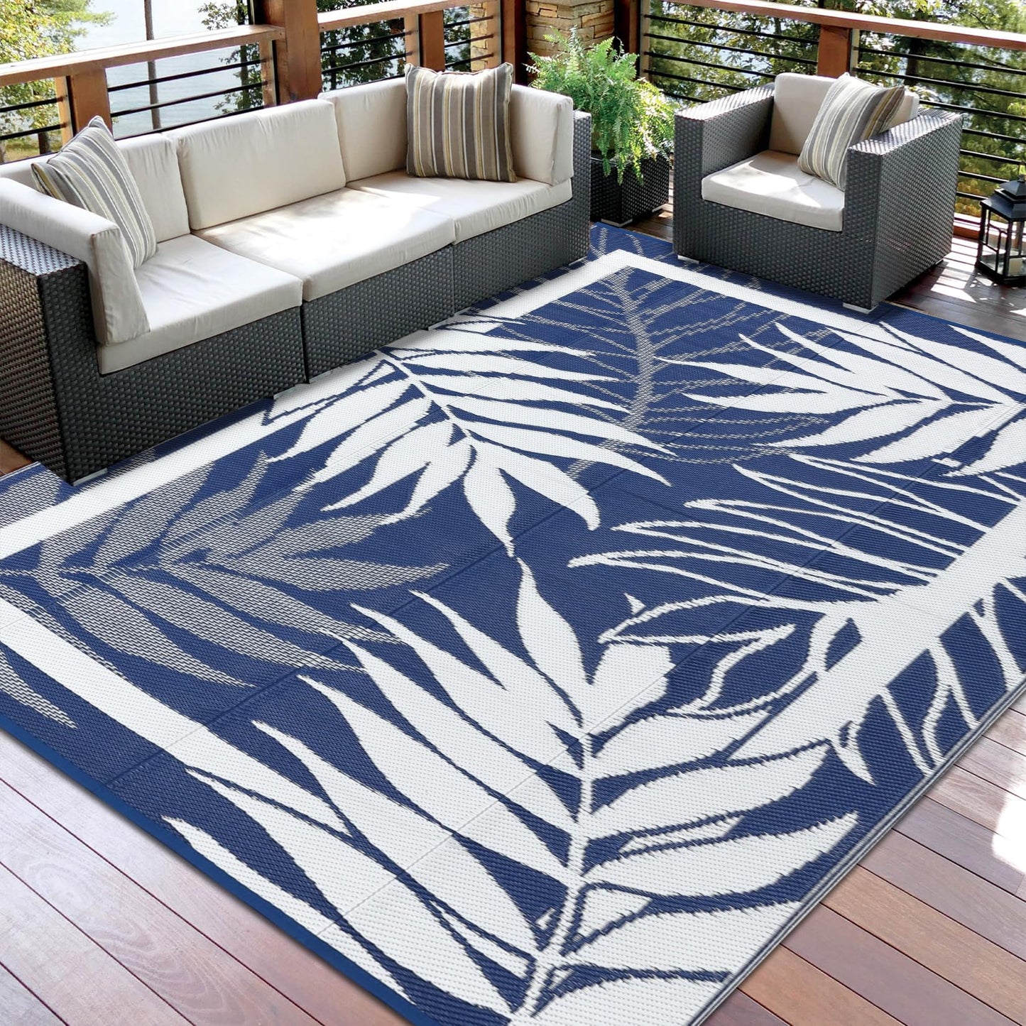 GAOMON 9'x18' Outdoor Rug Waterproof, Reversible Plastic Straw Rug for Large Patio, Backyard, Poolside, Deck – UV Resistant, Heavy Duty, Easy Clean Outdoor Carpet for High Traffic, Navy&White