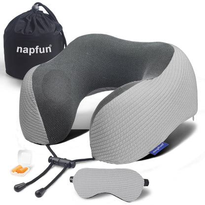 napfun Neck Pillow for Traveling, Upgraded Travel Neck Pillow for Airplane 100% Pure Memory Foam Travel Pillow for Flight Headrest Sleep, Portable Plane Accessories, Light Grey