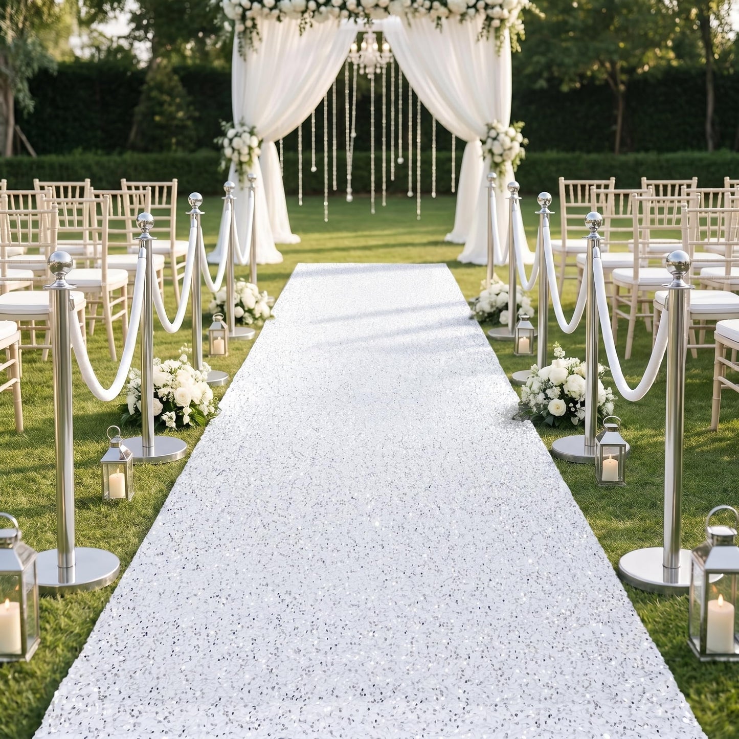 PartyDelight White Sequin Velvet Carpet Runner for Party 4FTx15FT Carpet Sparkly Rug for Indoor Outdoor Weddings Engagement Decoration