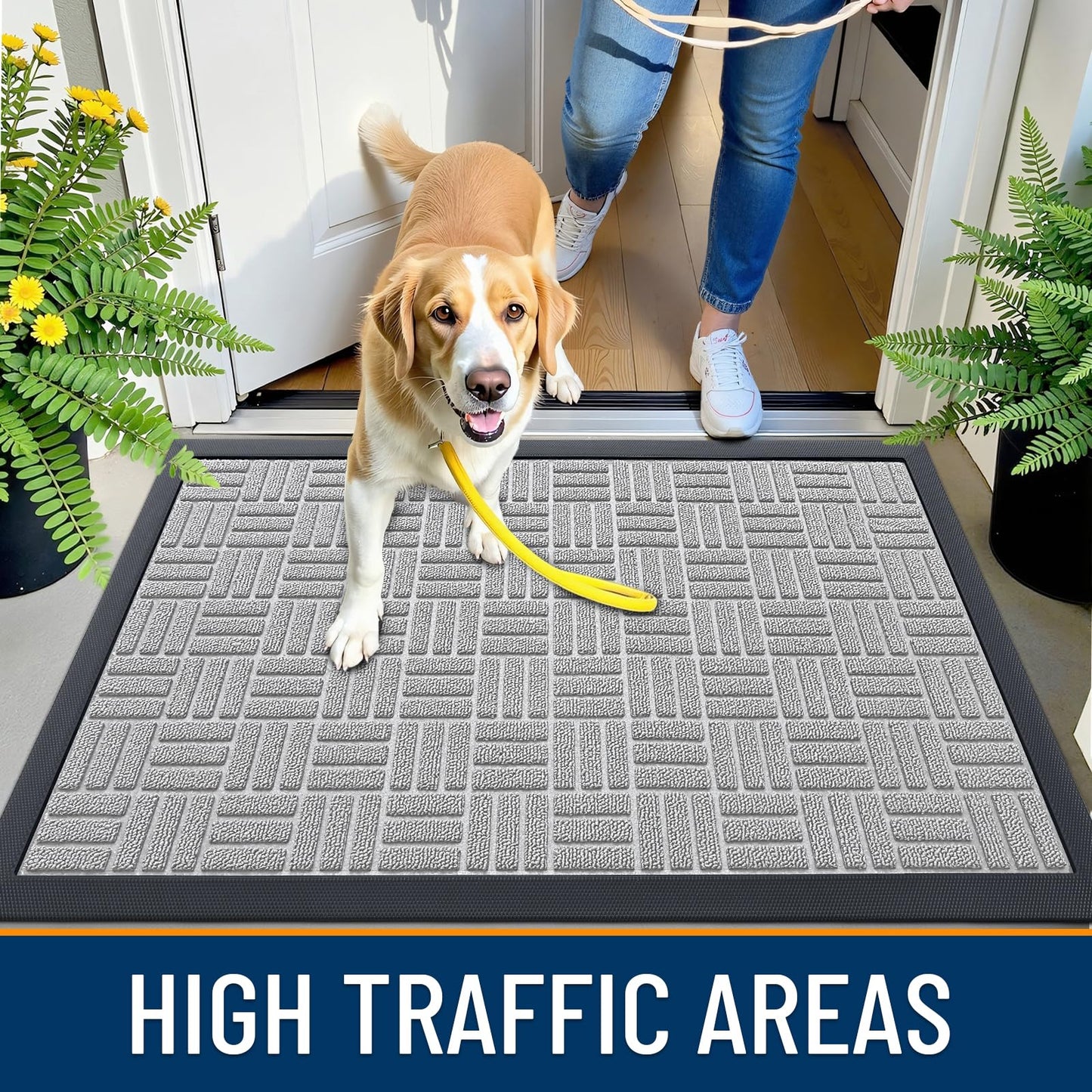 OLANLY Front Door Mat Outside Entrance 29.5x17, Absorbent, Heavy Duty Sturdy Natural Rubber Doormat Indoor Outdoor, Non-Slip, Stain and Fade Resistant, Low Profile Floor Mat for Entryway, Light Gray