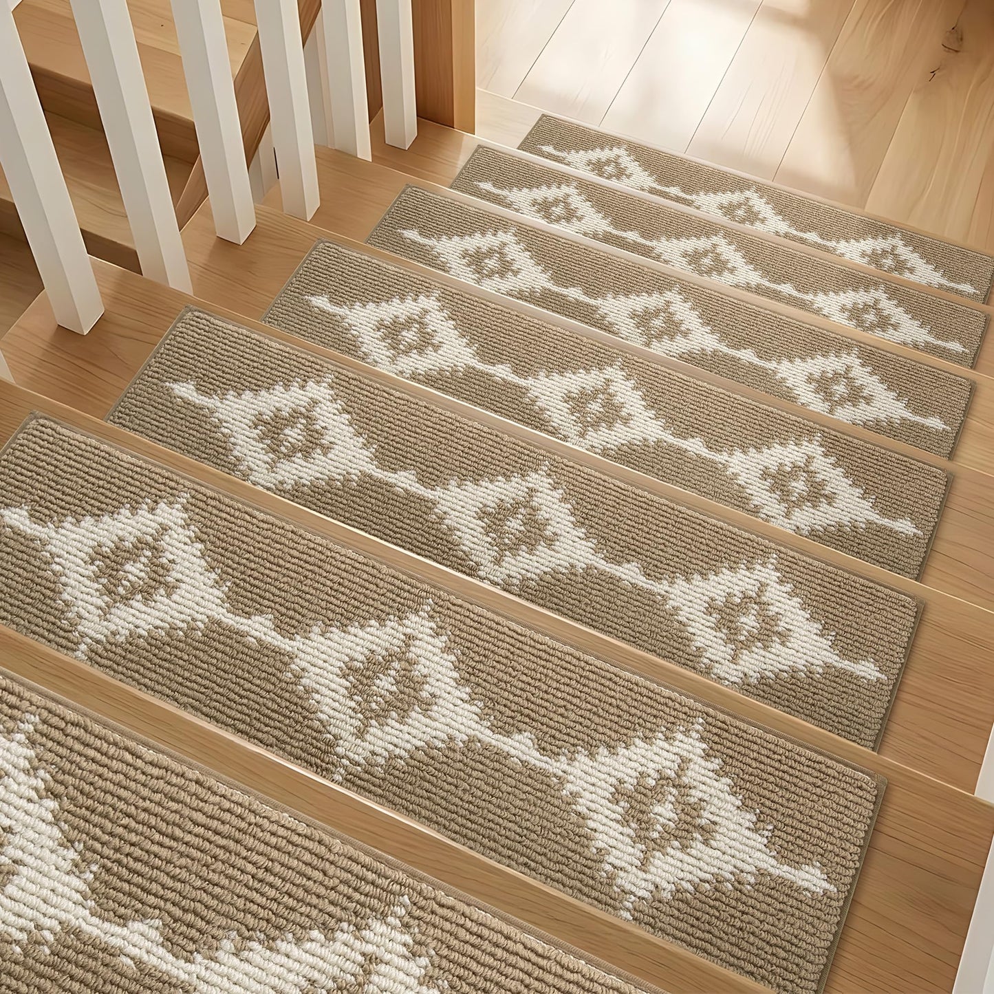 TANVILL Stair Treads for Wooden Steps, Non-Slip Peel and Stick Carpet Stair Runner, Boho Pet Friendly Indoor Stair Protectors, Soft Washable Reusable,8x30 15Pcs,Brown