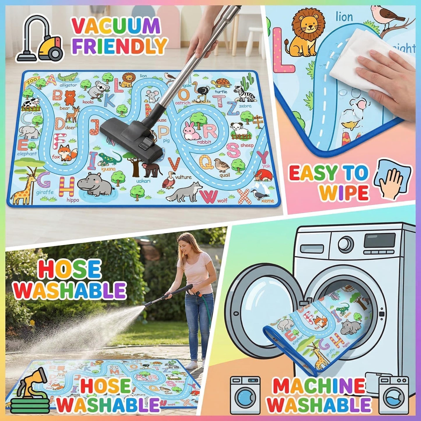 HBUFBUQ 4.5x6 Feet Kids Rugs for Playroom Bedroom, Educational ABC Alphabet Area Rug with Animals Numbers Seasons, Washable Play Mat for Classroom Nursery, Boys Girls Non Slip Learning Carpet