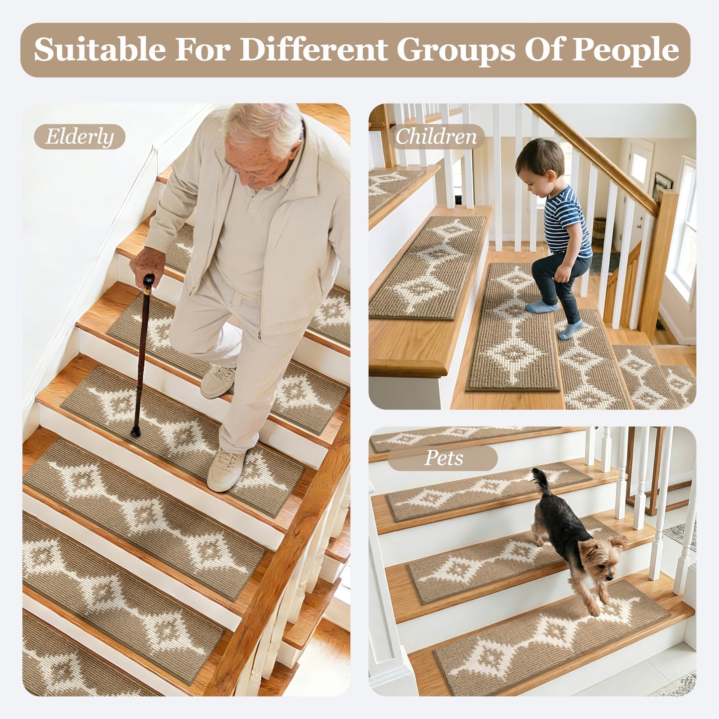 TANVILL Stair Treads for Wooden Steps, Non-Slip Peel and Stick Carpet Stair Runner, Boho Pet Friendly Indoor Stair Protectors, Soft Washable Reusable,8x30 15Pcs,Brown