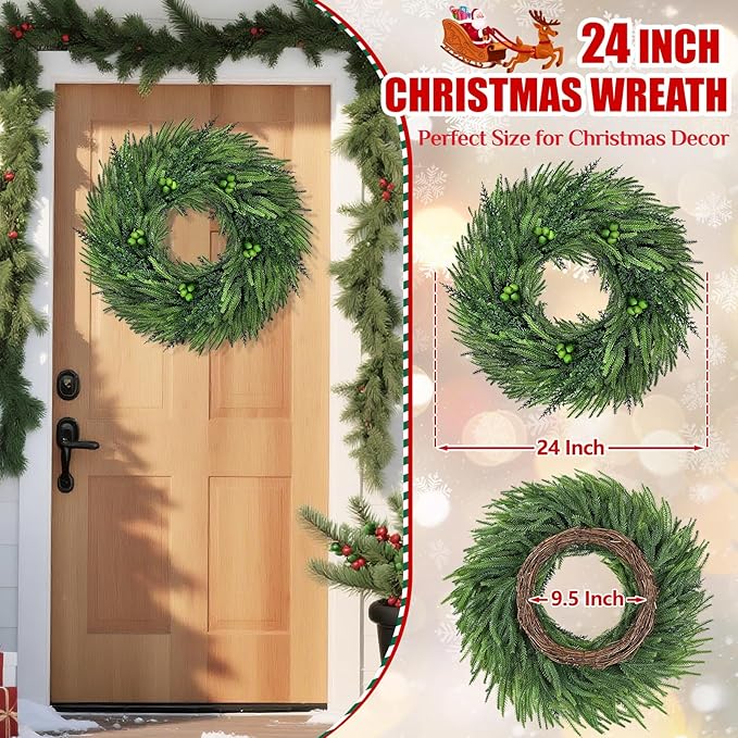 24 Inch Christmas Wreaths for Front Door, 2 Pack Real Touch Norfolk Pine Wreath Large Christmas Wreath with Lights, Winter Wreaths Christmas for Outdoor Indoor Windows Xmas Decor