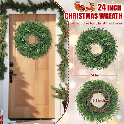 24 Inch Christmas Wreaths for Front Door, 2 Pack Real Touch Norfolk Pine Wreath Large Christmas Wreath with Lights, Winter Wreaths Christmas for Outdoor Indoor Windows Xmas Decor