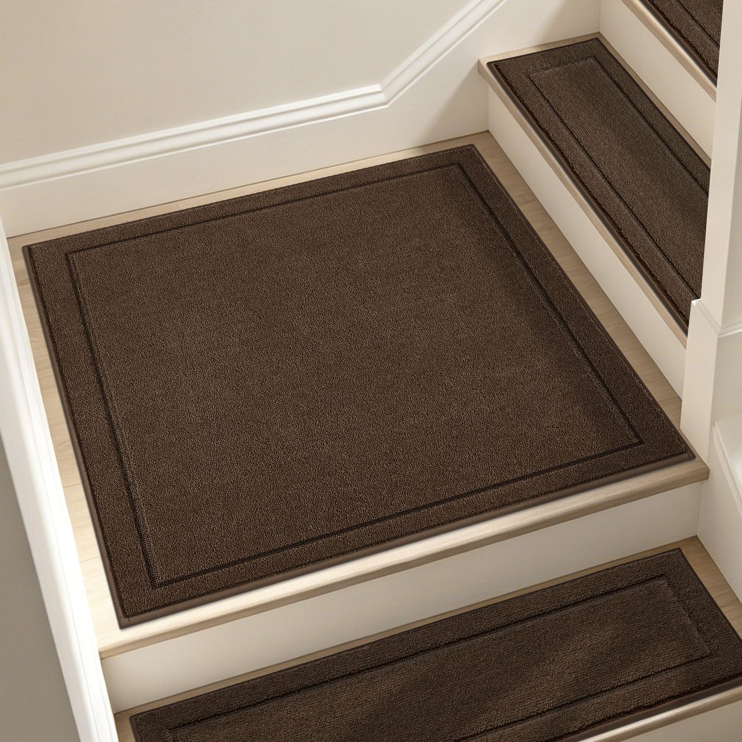 JSEI Edging Stair Treads Non-Slip Corner Indoor Stair Runners for Wooden Steps, 1 Pack 30" X 30" Landing Stair Rugs Mat for Kids and Dogs, 100% Polyester, Brown