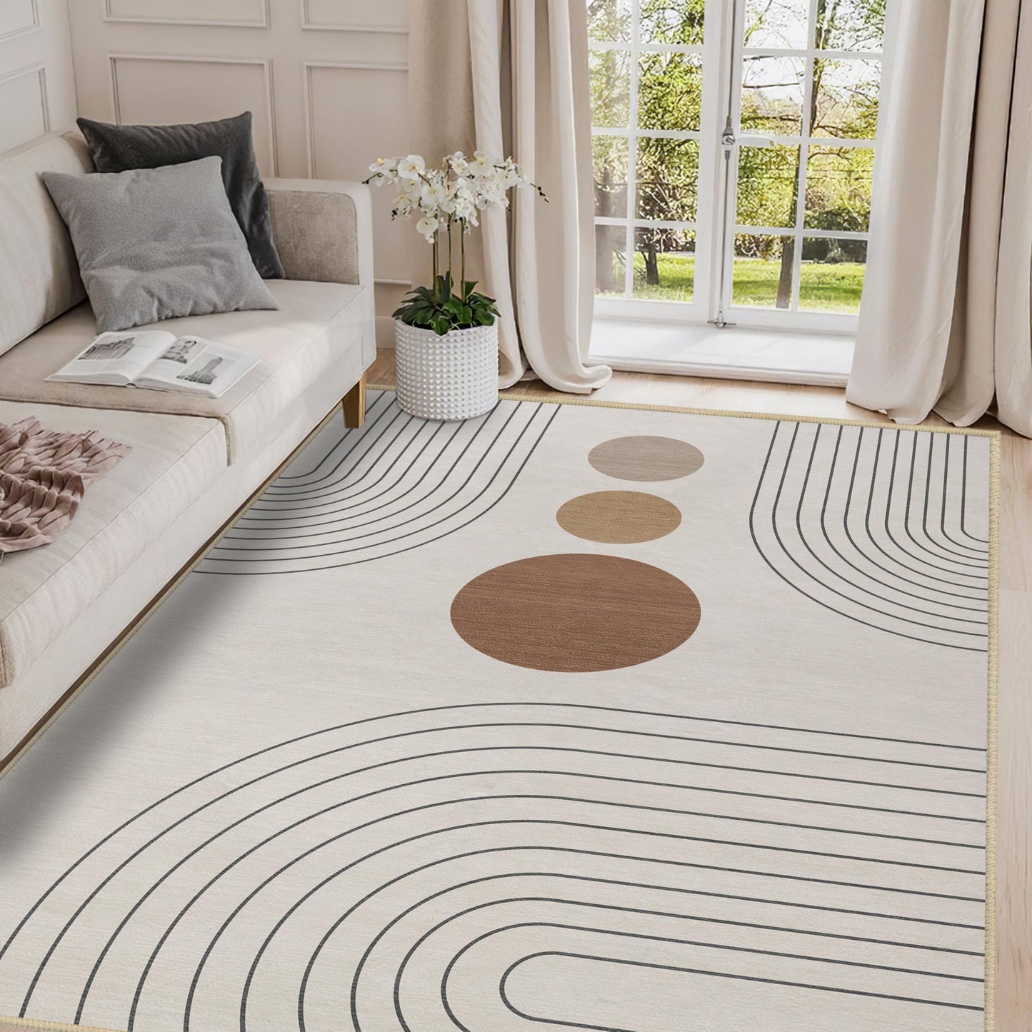 Boho Rug 3x5 Modern Geometric Minimalist Abstract Line Area Rug for Entryway Living Room Neutral Beige Mid Century Modern Machine Washable Non-Slip Printed Low-Pile Floor Carpet for Kitchen Bedroom