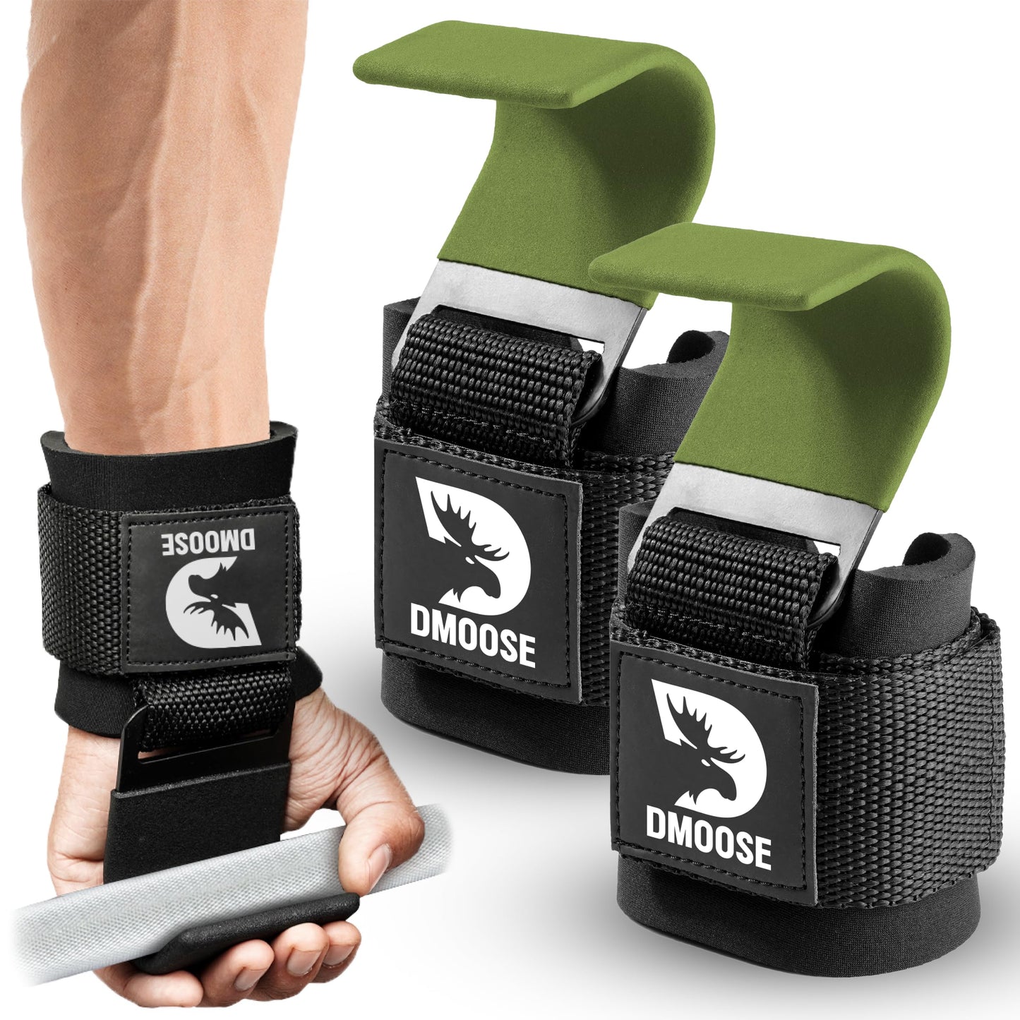 DMoose Fitness Weight Lifting Hooks (Pair) for Deadlifts, Pull Ups, Rows & Shrugs - Anti-Rip Nylon Strap Hand Grips with Thick Wrist Padding - Heavy Duty Wrist Straps for Weightlifting (Green)