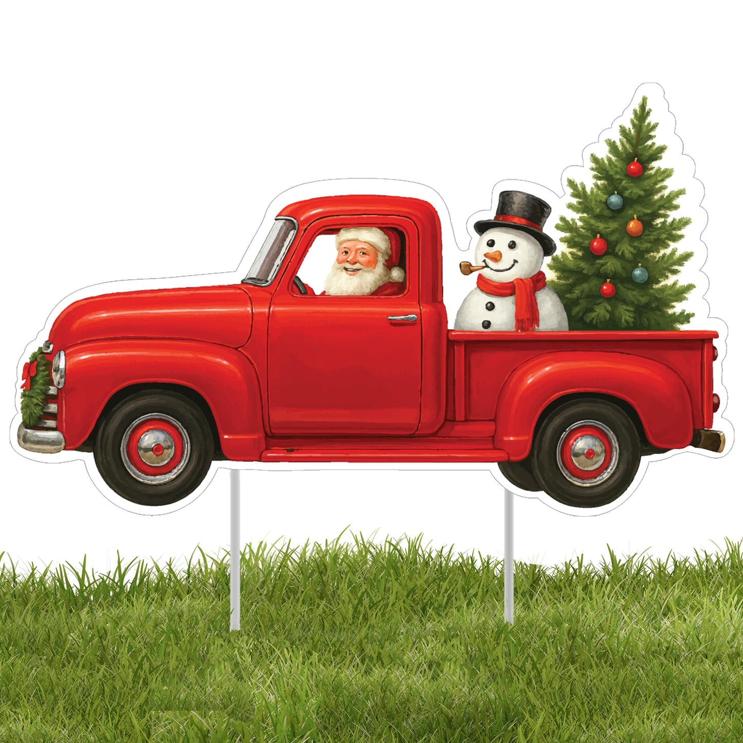 Red Santa Truck Christmas Santa Claus Classic Yard Sign for Home Decor and Lawn Decoration With Stakes, Green Merry Christmas Sign