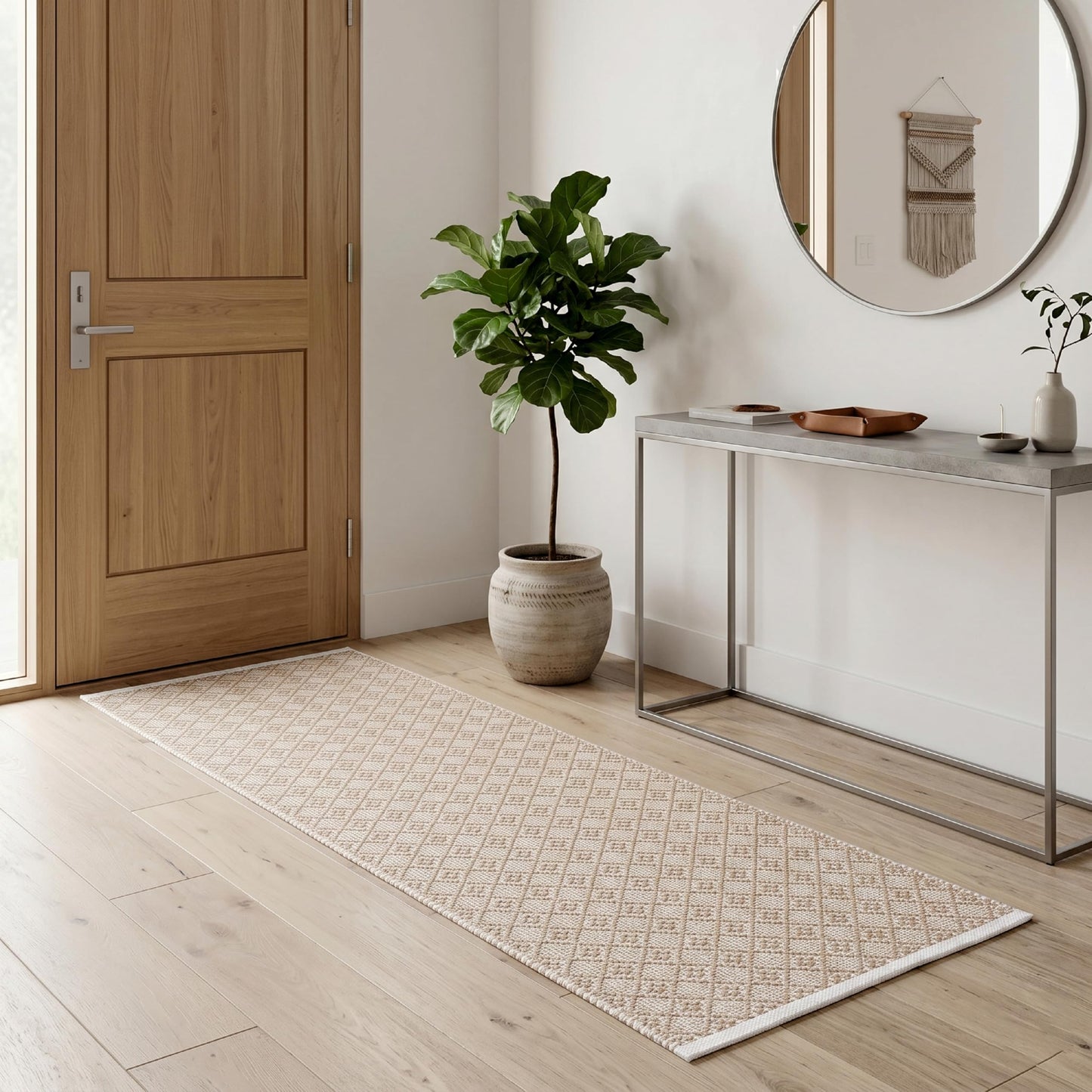 Cotton Diamond Woven Runner Rug 2x6 Feet - Beige, Non Slip Super Soft Farmhouse Space Patio Throw Carpet Ideal for Hallways, Kitchen, Living Room | Neutral Large Bedroom Area Décor Floor Décor Mats