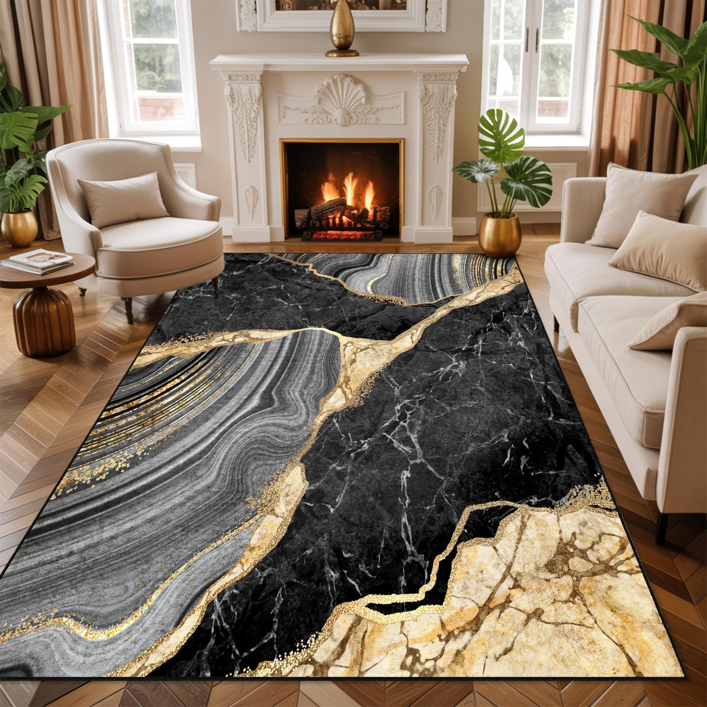 Black and Gold Area Rug 5x7 ft for Living Room Abstract Marble Large Non Slip Washable Rugs Ultra-Soft Low Pile Indoor Floor Mat Carpet for Bedrooms Playroom Office Kitchen (Black Gold, 5'x7')