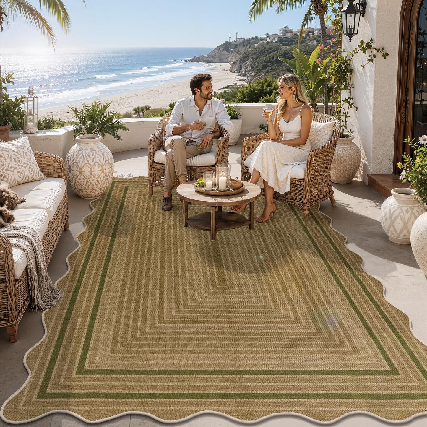 Yamaziot Washable Indoor Outdoor Rug 5x8, Scalloped Geometry Faux Tan Jute Outdoor Carpet Non Slip Modern Woven Textured Patio Rug for Backyard Balcony Deck, Green