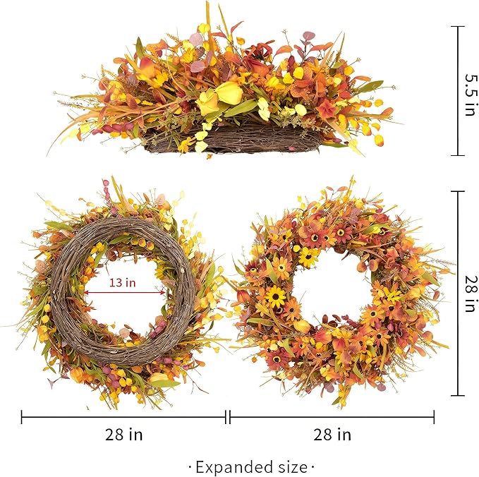 JINGHONG 28 Inch Large Fall Wreaths for Front Door Artificial Fall Wreath Floral Autumn Wreath with Colorful Daisies Fall Foliage for Indoor Outside Door Harvest Festival Thanksgiving Day Celebration