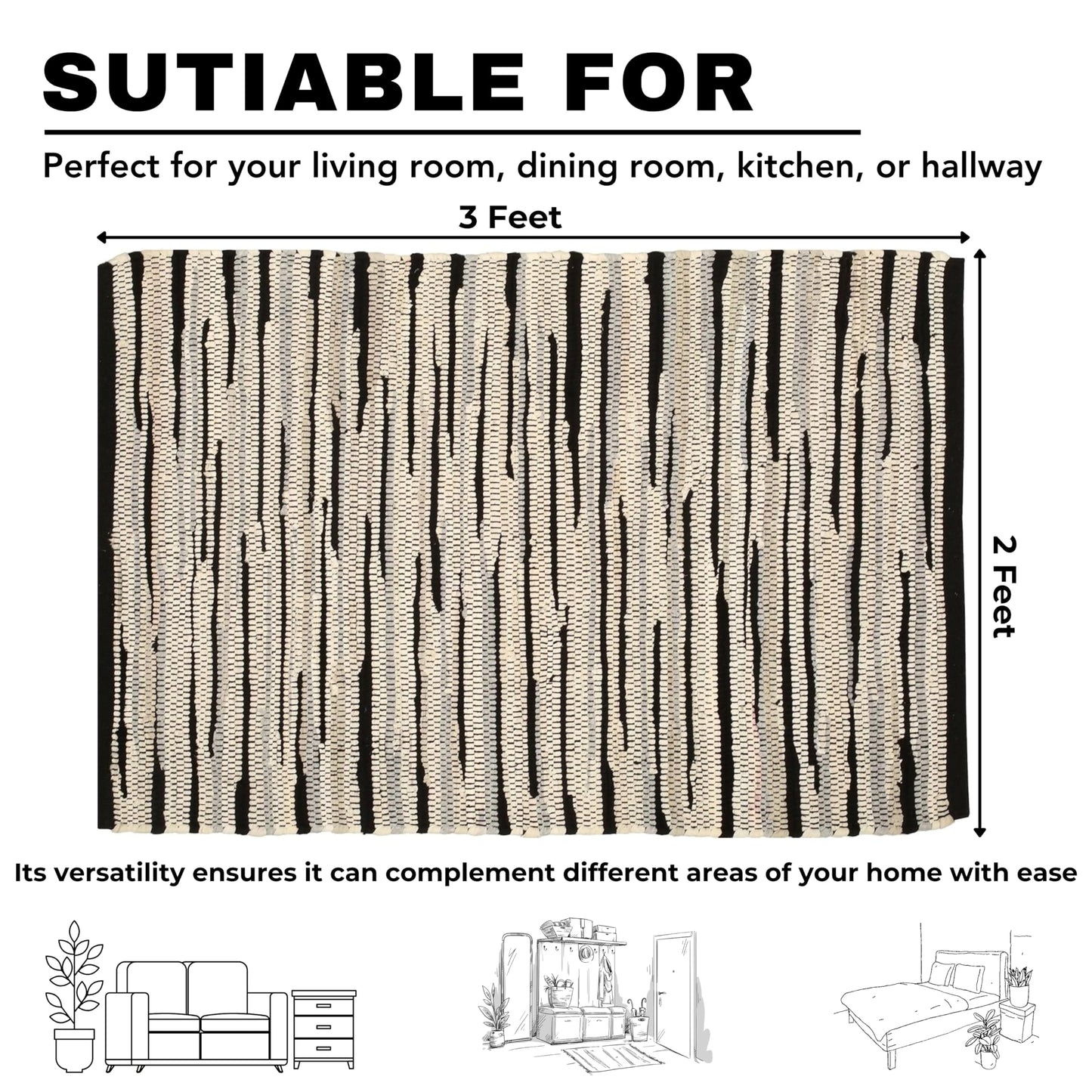 Handmade Woven Tonal Chindi Rug 24 x 36 Inch, Reversible Cotton Braided Area Rug, Grey Multi Farmhouse Throw Rug for Entryway, Kitchen, Bathroom, Bedroom and Living Room