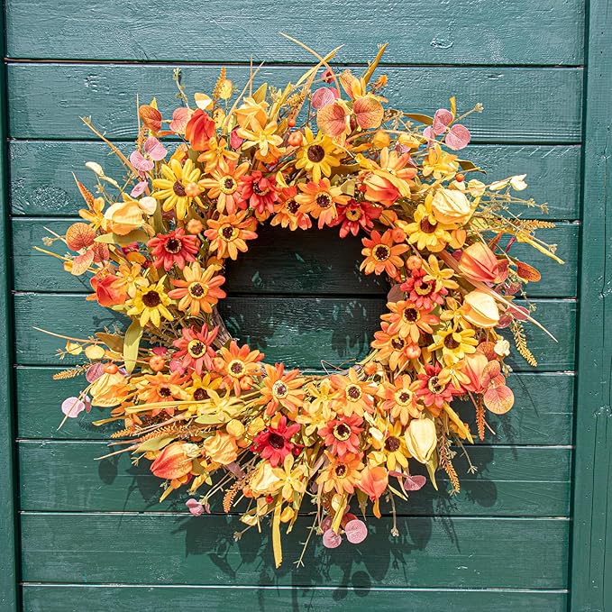 JINGHONG Fall Wreaths for Front Door 22 Inch Artificial Fall Wreath Floral Autumn Wreath with Colorful Daisies Orange Foliage for Indoor Outside Door Harvest Festival Thanksgiving Day Celebration