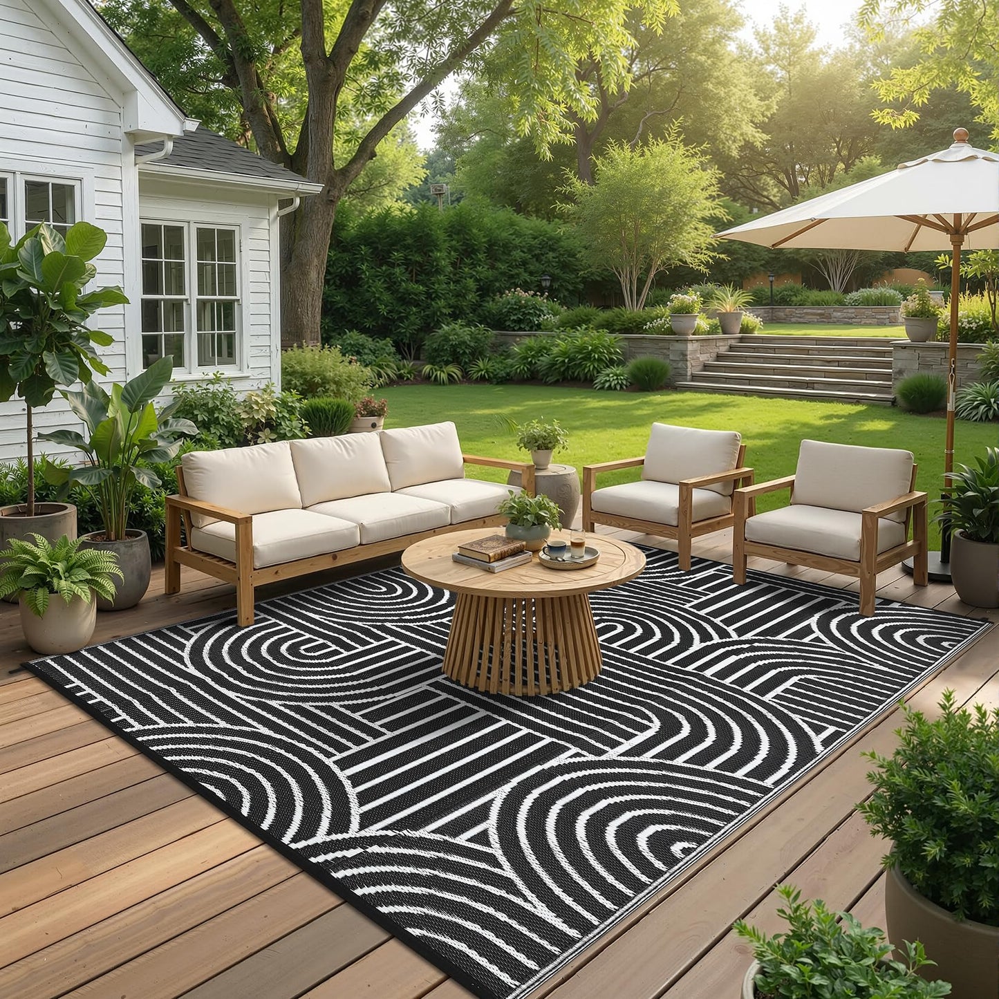 Garvee Reversible Rainbow Outdoor Rug 8x10, Waterproof Outdoor Plastic Straw Rug, RV Mat for Picnics, Patio, Camping, Balcony, Deck, Backyard, Porch, Black