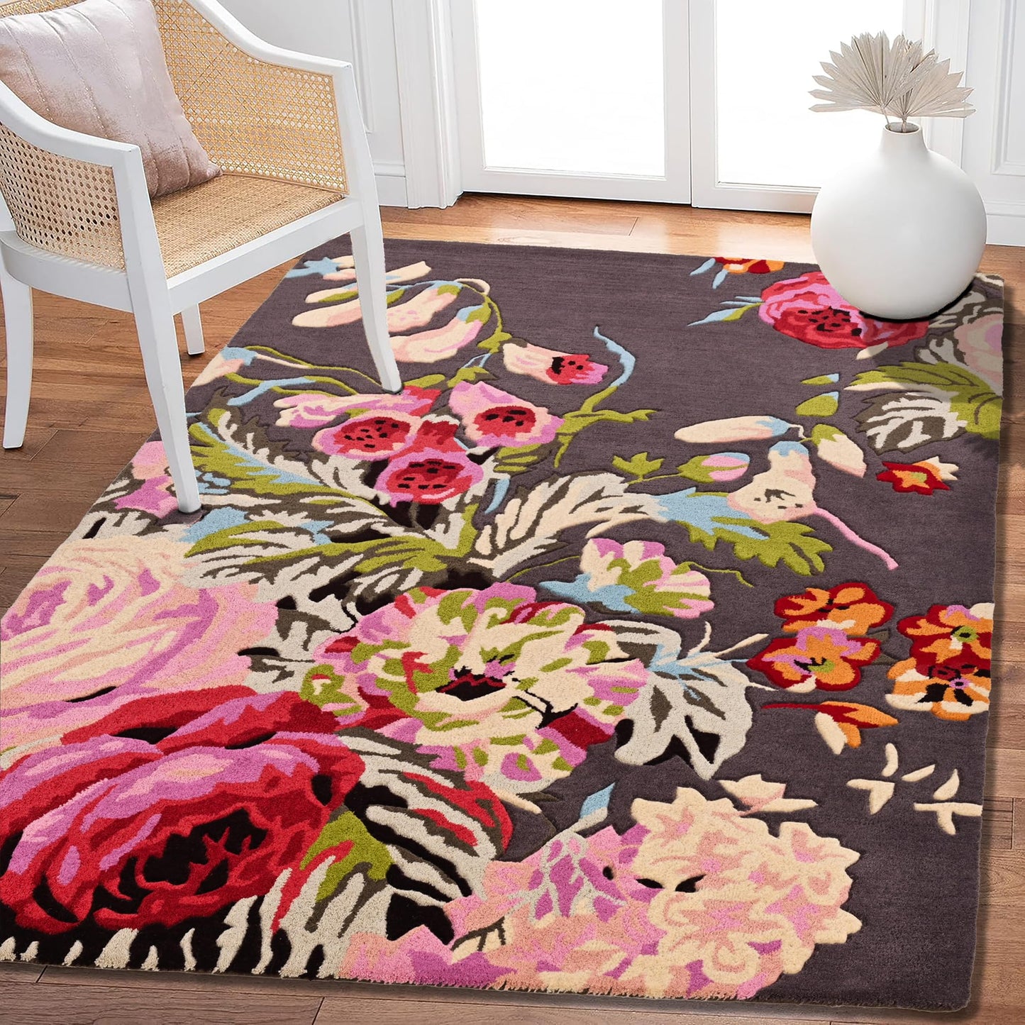 Restoration and Renovation Modern Rose Floral Wool Rug | Handmade Area Rug with Garden Colorful Flowers for Living Room Dining Room and Kitchen (Brown, 5x7 ft)