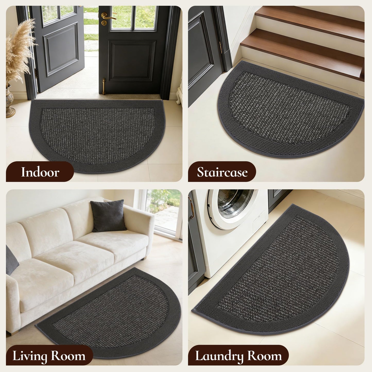FLOORHUG Half Circle Door Mat Indoor Entrance Welcome, Non-Slip Washable Doormat, Trap Dirt and Moisture, Low Profile Mats for Indoor Entry, 32"x48", Dark Grey