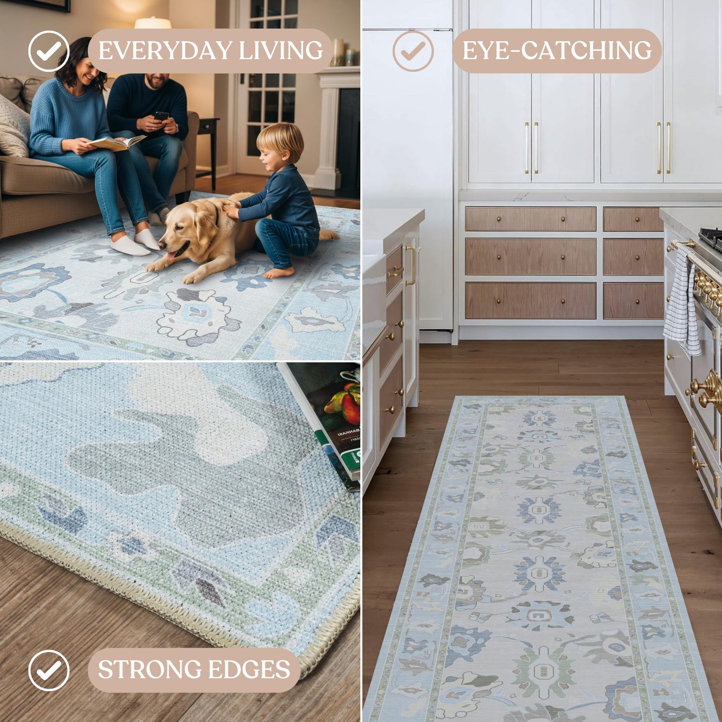Fame Living Cream Blue Oushak Rug, Modern, Vintage, Turkish, Eclectic, Floral, Pastel, Washable, Large Area Rugs for Living Room, Dining, Bedroom, Girls, Boys, 7'5"x9'8"