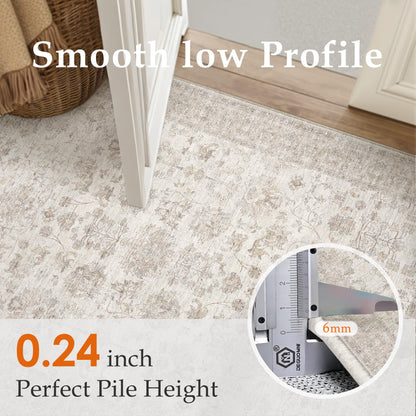 PureCozy 8x10 Living Room Area Rug Beige Washable Vintage Carpet Non Slip Low Pile Bedroom Traditional Distressed Large Throw Retro Rug for Dining Room Home Office