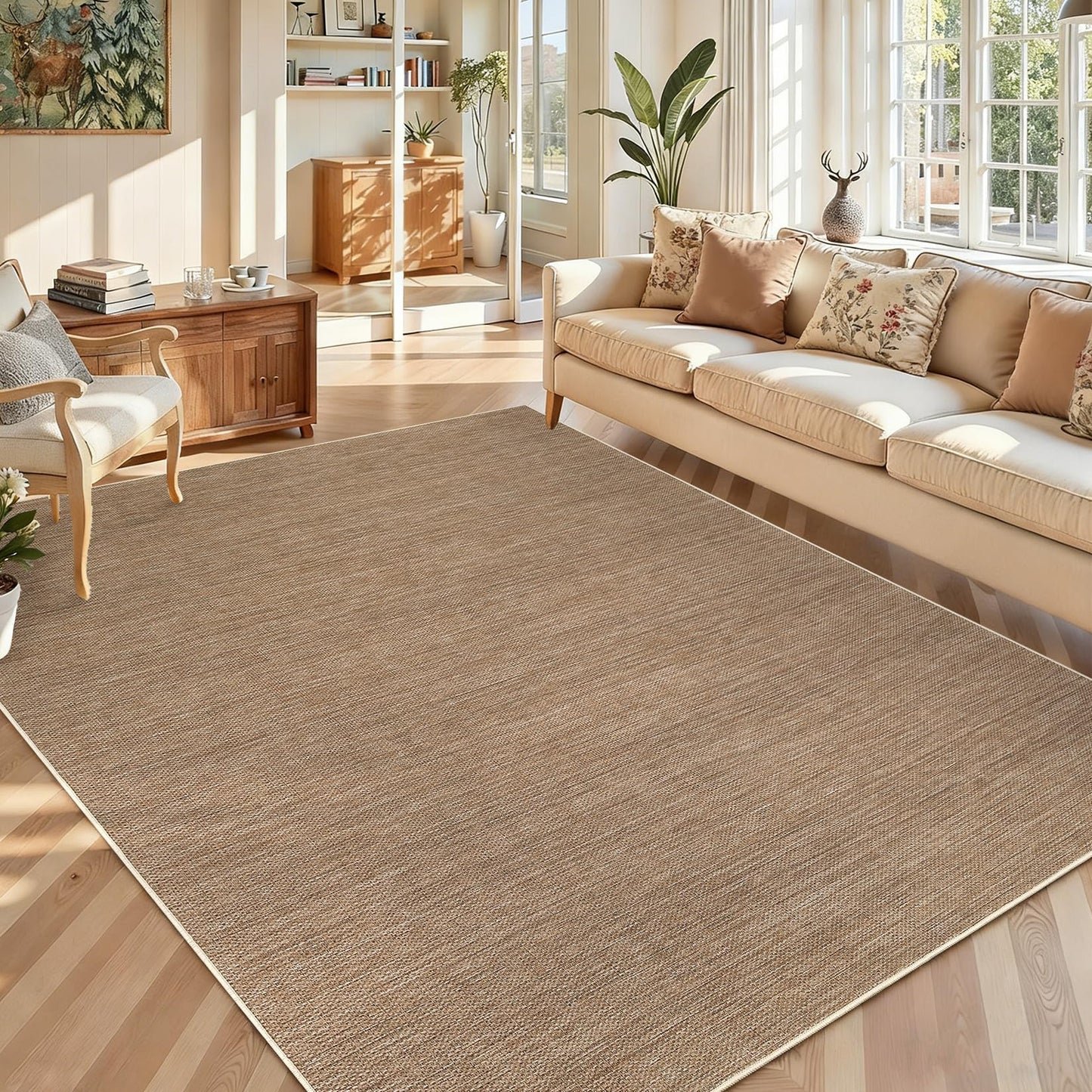 GarveeHome Easy Jute Rug 8x10 Washable Living Room Rugs Non Slip Stain Resistant Modern Neutral Dining Room Throw Carpets Solid Tan Contemporary Area Rugs for Kitchen Bedroom Nursery, Brown