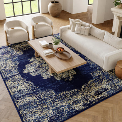 Nourison Home Grafix Navy Blue 7' x 10' Area Rug - Easy Clean, Non Shedding, Bed Room, Living Room, Dining Room, Kitchen (7' x 10')