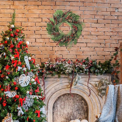 YNYLCHMX 20 Inch Winter Wreath for Front Door, Winter Wreaths with Magnolia Leaves Red Berries Pine Cones, Artificial Door Wreaths for Outdoor Indoor Farmhouse Windows Wall Holiday