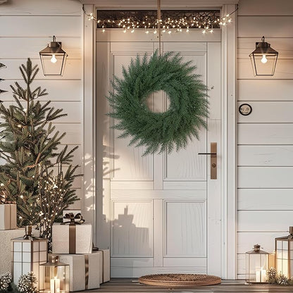 24 Inch Christmas Cedar Cypress Wreath – Artificial Greenery Wreath for Front Door, Farmhouse Holiday Winter Decor and Year-Round Indoor Outdoor Home Decoration