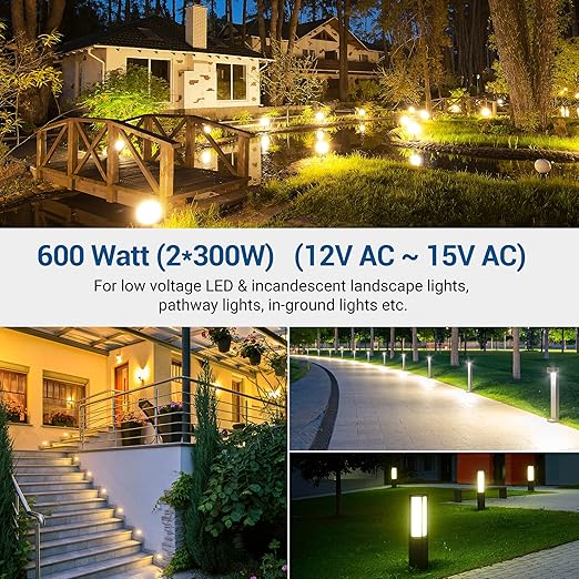 DEWENWILS 600W Low Voltage Landscape Transformer, Outdoor Weatherproof Transformer with Timer and Photocell Sensor, 120V AC to 12V/13V/14V/15V AC for LED Lighting, Walkway Light, cULus Listed