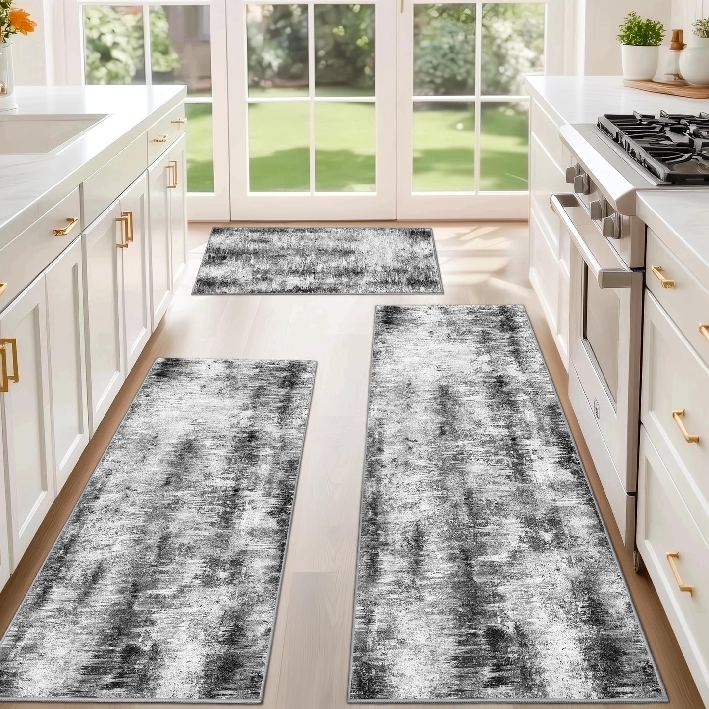 Tritard Upgrade Non Slip Kitchen Rugs Sets of 3 Washable Kitchen Mats for Floor Abstract Kitchen Runner Rug Ultra Soft Floor Mat Set Kitchen Carpet Rugs for Hallway, Laundry, Entryway, Office, Grey