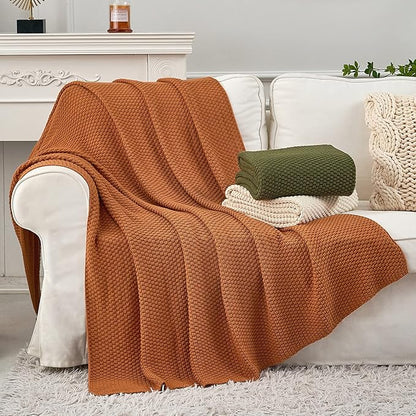 Longhui bedding Burnt Orange Knitted Throw Blanket for Couch, Soft, Cozy Machine Washable 100% Cotton Sofa Knit Blankets, Heavy 3.0lb Weight, 51 x 63 Inches, Laundry Bag Included