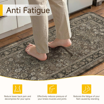 HUGEAR Kitchen Mats Set 2 PCS Brown Washable Non Slip Kitchen Runner Rug Waterproof Floral Cushioned Anti Fatigue Floor Mats for Sink Home Decor Laundry Room Office