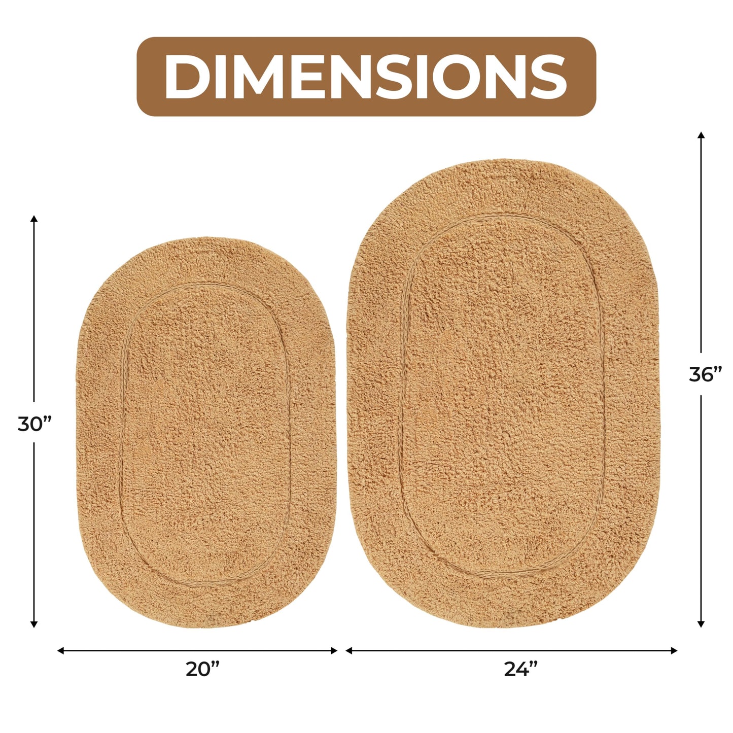 Superior Non-Slip 2 Piece Bath Rug Set, Ultra Plush, Soft and Absorbent 100% Combed Cotton Pile - Traditional Oval Bath Mat Set, Toast