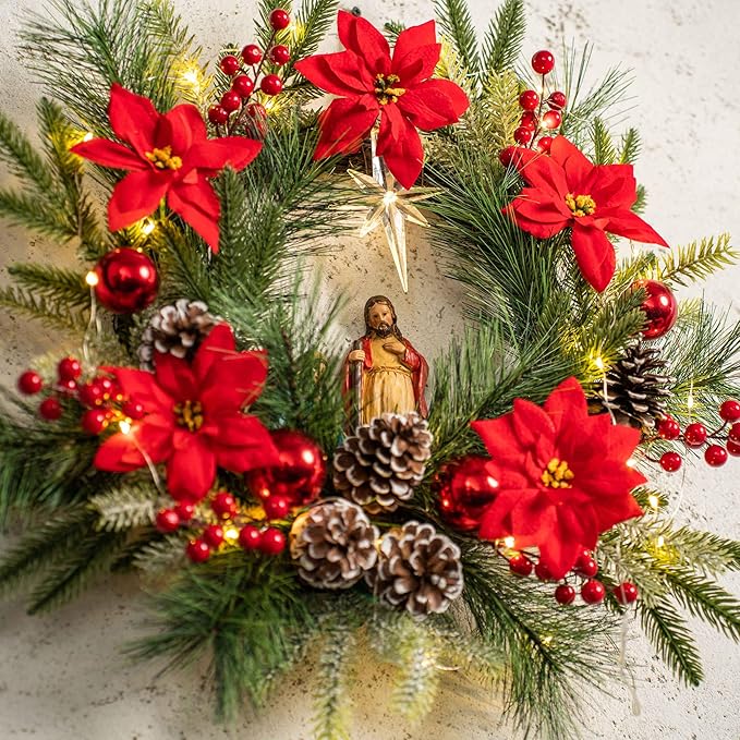 YULETIME 20" Pre-Lit Nativity Wreath, Battery Operated with 10 Fairy Lights, Holy Family Nativity Statue, Star of Bethlehem, Pine Cones, Red Poinsettia & Berries, Pine Needles (Nativity Poinsettia)