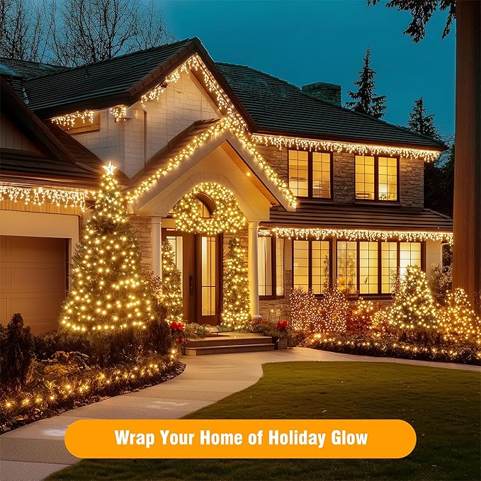 Extra Long Christmas Tree Lights 197FT 600 LED Connectable 8 Modes with Timer Decorative String Lights for Xmas Tree Patio Party Warm White