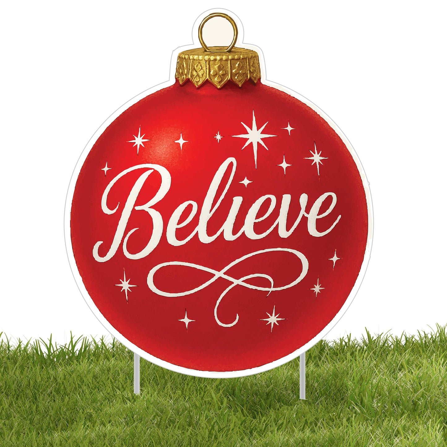 Believe Red Ornament Christmas Classic Yard Sign for Home Decor and Lawn Decoration With Stakes, Green Merry Christmas Sign