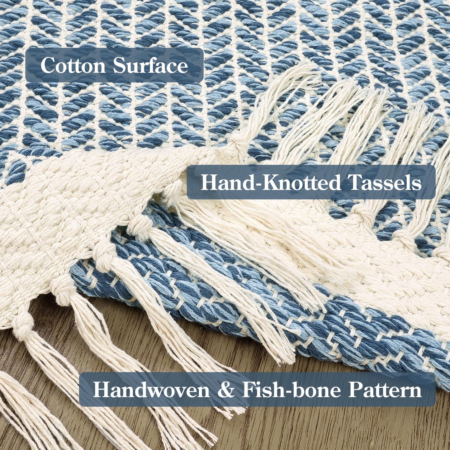Lahome Belle Boho Bathroom Rugs, Small 2x3 Front Door Bath Mats Lightweight Entryway Rug Woven Cotton Area Rug with Tassels, Farmhouse Blue Throw Rug Washable Low Pile Carpet for Kitchen
